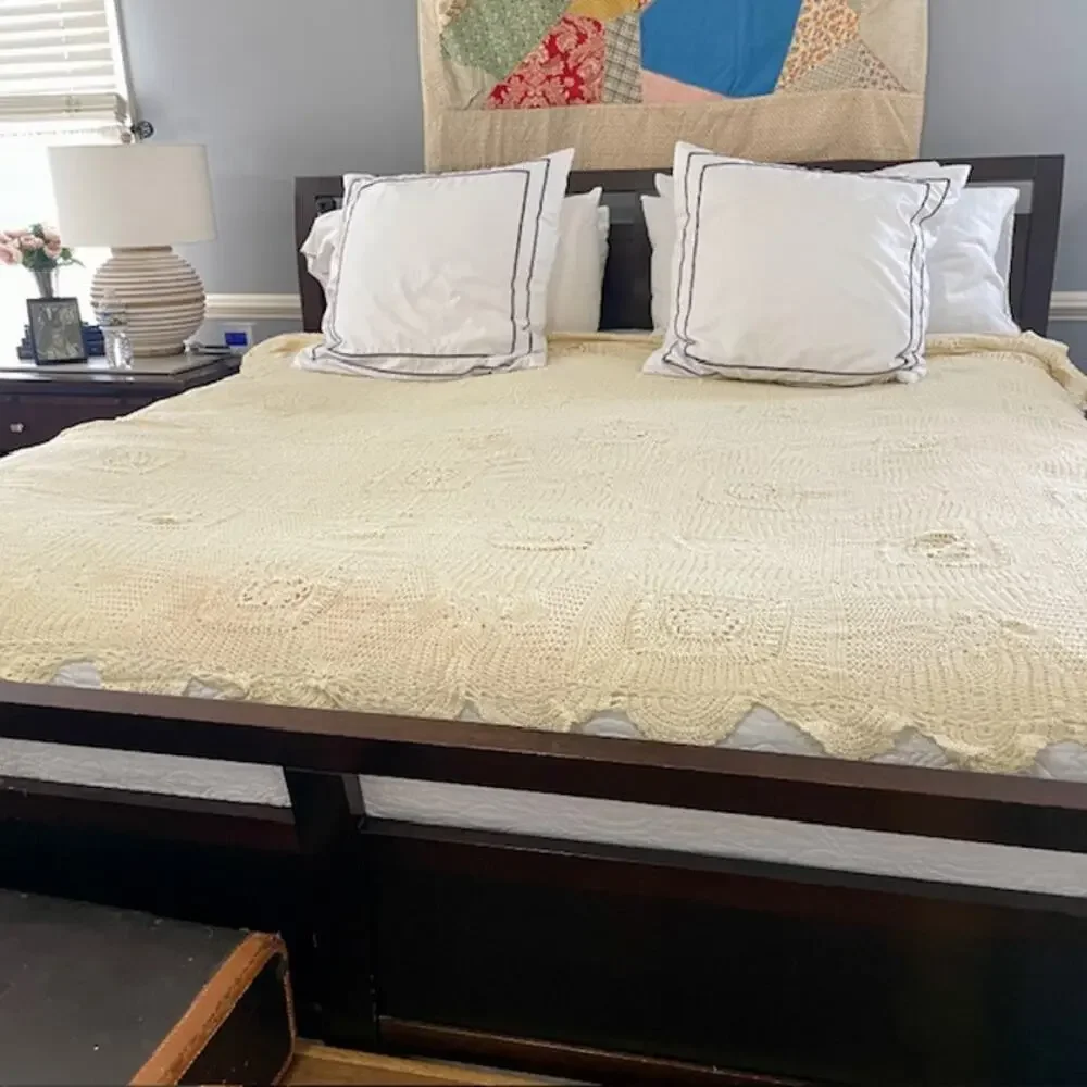 Crochet Style Cotton Granny Square Bedspread 83x83 Ivory Textured Cottagecore